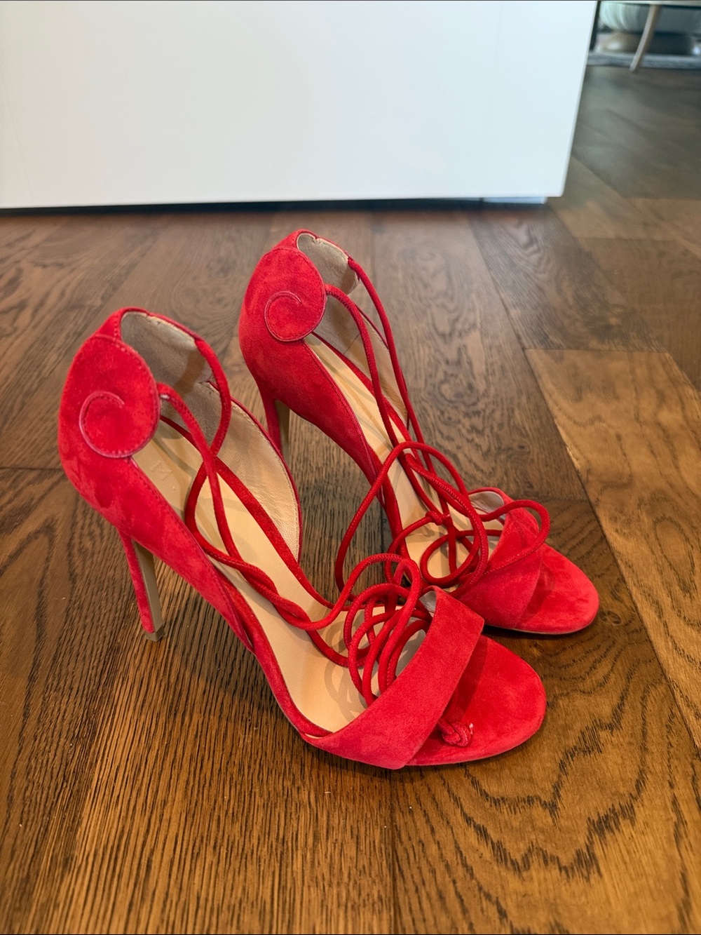 Red Suede Lace-Up Stiletto Sandals